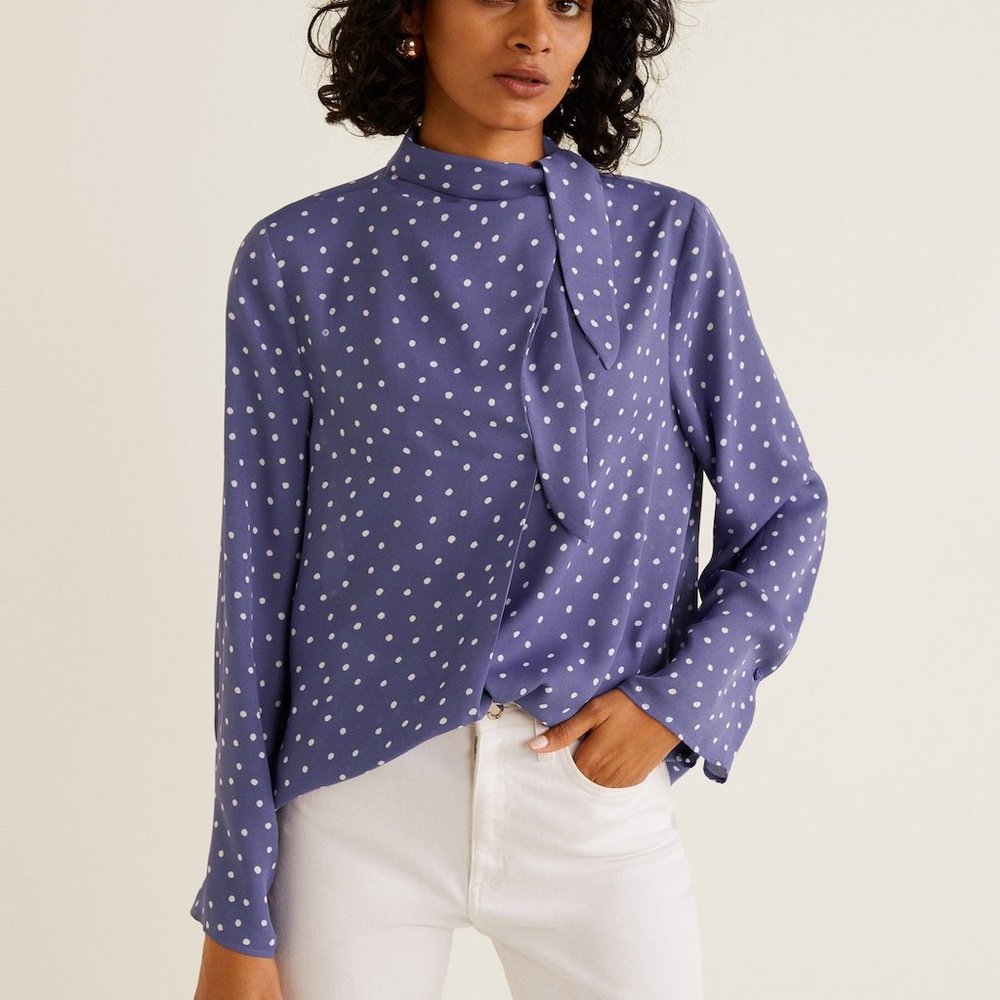 Polka Dot Tie-Neck Blouse